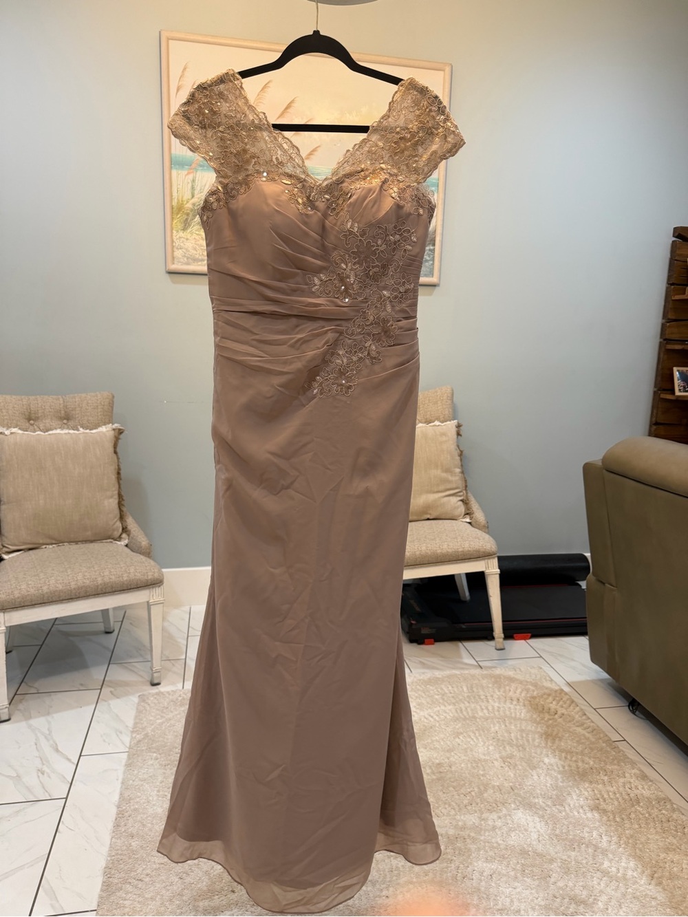 Elegant Lace-Shoulder Taupe Evening Dress